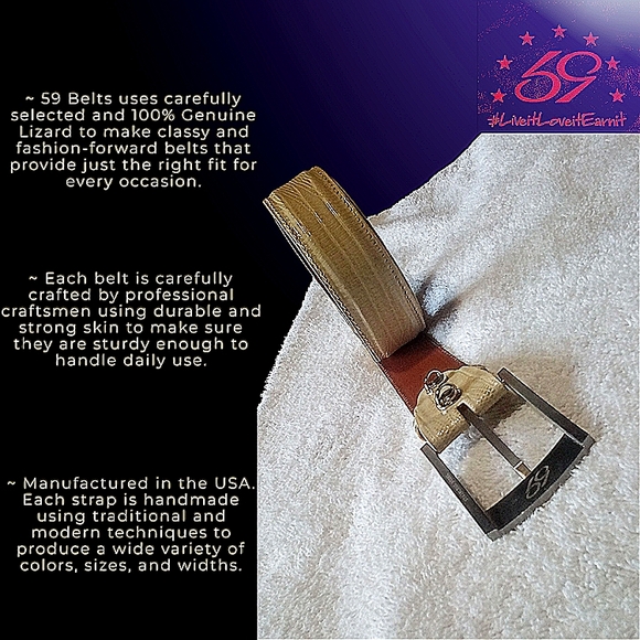 New 59 Belts | Customizable Handmade Genuine Lizard Belt | 40" Ivory | Made USA - Picture 5 of 16